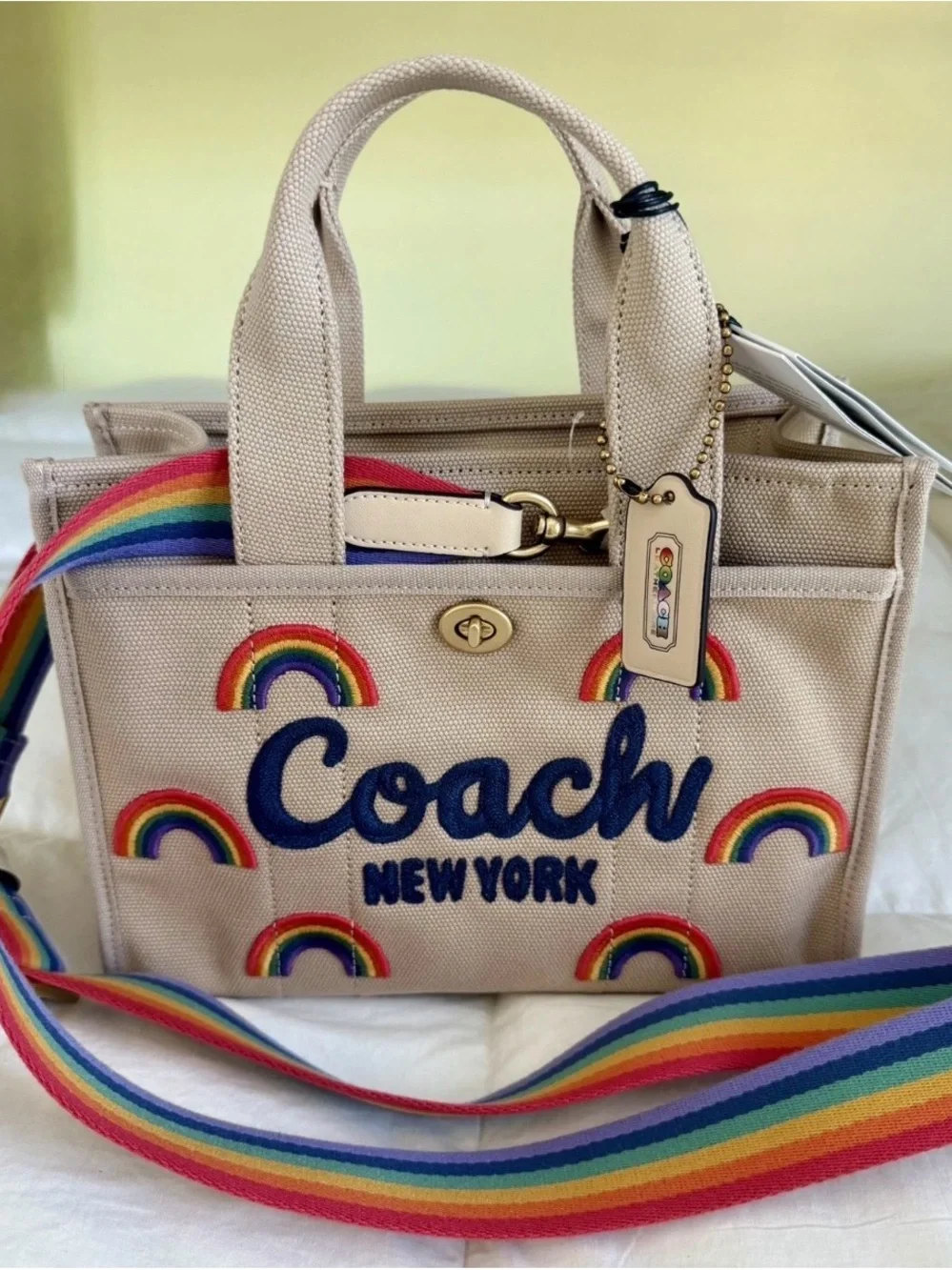 Coach Canvas Rainbow-Embroidered Cargo Tote in Beige with Rainbow Strap🌈